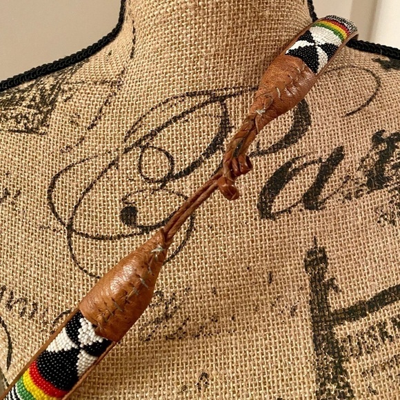 Vintage Handmade Traditional African Beaded Seed Beads Genuine Leather Belt